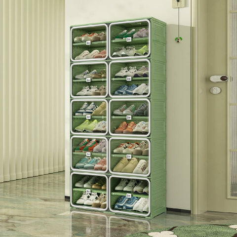 ANTBOX 10-tier green and gray shoe cabinet side angle view