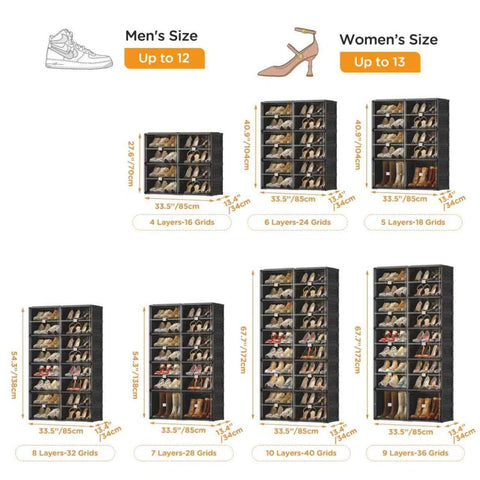 ANTBOX 4 to 10 tier black foldable shoe cabinet dimensions and size guide