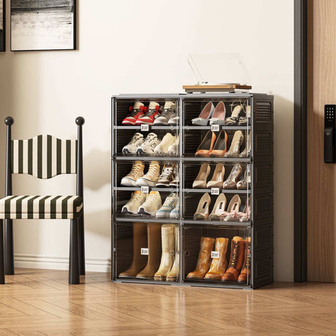 ANTBOX 5-tier black foldable shoe cabinet with tall bottom boot storage