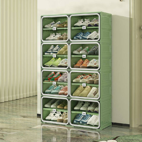 ANTBOX 8-tier green and gray shoe cabinet side angle view