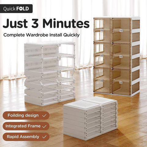 Folded versus assembled ANTBOX brown transparent shoe boxes demonstrating space saving foldable modular shoe storage design