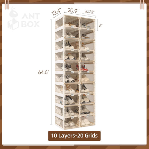 Dimensions of ANTBOX brown transparent 10 tier foldable stackable shoe storage organizer