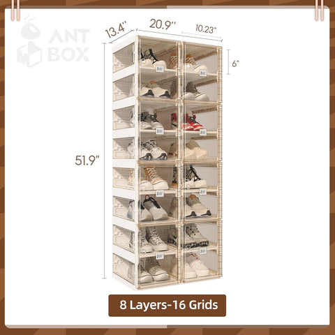 Size chart of ANTBOX brown transparent 8 tier modular stackable shoe storage boxes
