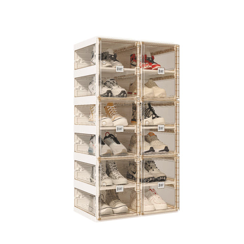 ANTBOX brown transparent foldable shoe boxes in 6 tier stackable modular storage system organizing shoes neatly in a modern home