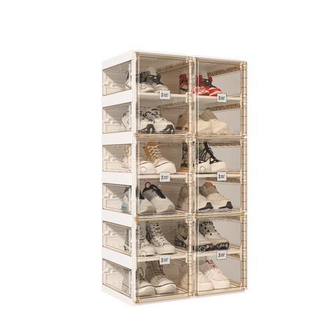 ANTBOX brown transparent foldable shoe boxes in 6 tier stackable modular storage system organizing shoes neatly in a modern home