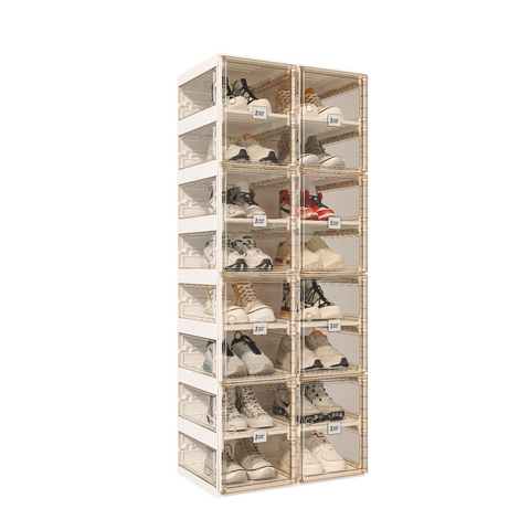ANTBOX brown transparent foldable shoe boxes stacked in 8 tier vertical storage system for organized dustproof shoe storage
