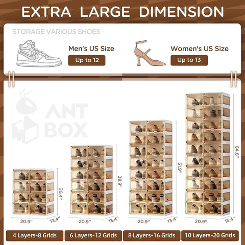 Size chart showing dimensions of ANTBOX brown transparent foldable shoe boxes in 6 tier, 8 tier, and 10 tier stackable configurations for modular shoe storage