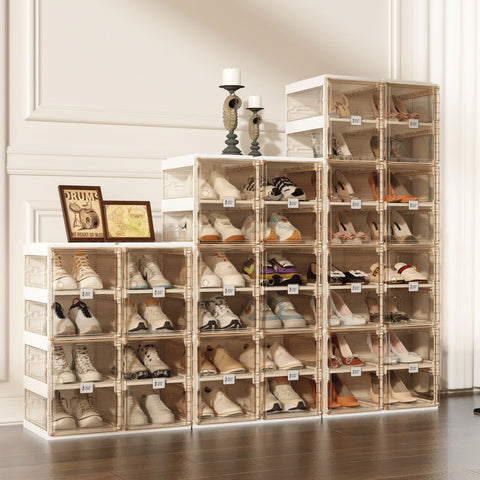 ANTBOX brown transparent foldable shoe boxes in multiple tier sizes stacked together showing modular stackable shoe storage options for different spaces