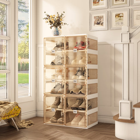 ANTBOX brown transparent foldable shoe boxes stacked neatly in a modern living space providing dustproof modular shoe storage and organization