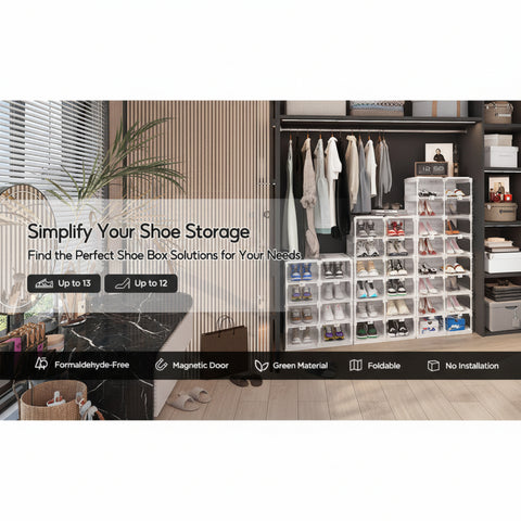 ANTBOX clear foldable stackable shoe storage boxes neatly arranged in a walk-in closet, transparent dustproof organizers displaying sneakers and heels alongside clothing racks for a clean and organized dressing room