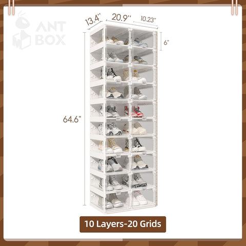 ANTBOX clear foldable shoe box 10 tiers dimensions and capacity diagram for organized footwear storage