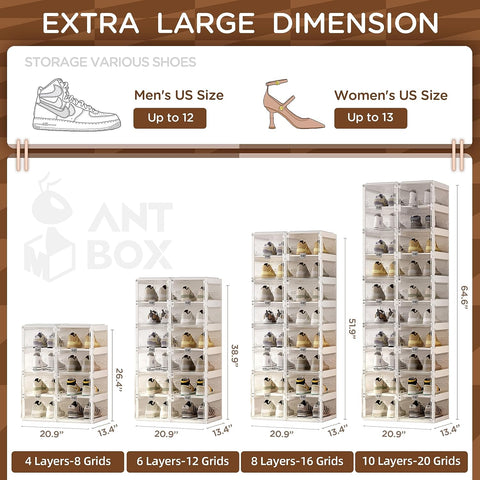 ANTBOX clear shoe box full series 4-10 tiers with dimensions and capacity for sneakers, flats, heels, and casual shoes