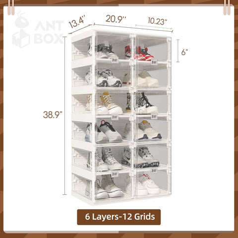 ANTBOX clear foldable shoe box 6 tiers dimensions and capacity diagram for organized footwear storage
