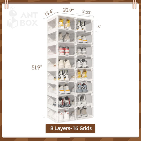 ANTBOX clear foldable shoe box 8 tiers dimensions and capacity diagram for organized footwear storage