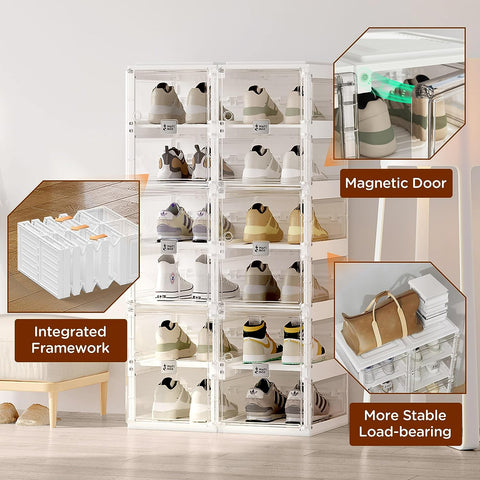 ANTBOX clear foldable shoe box with transparent panels showing features: dustproof, stackable, modular, magnetic doors, foldable, multi-tier storage