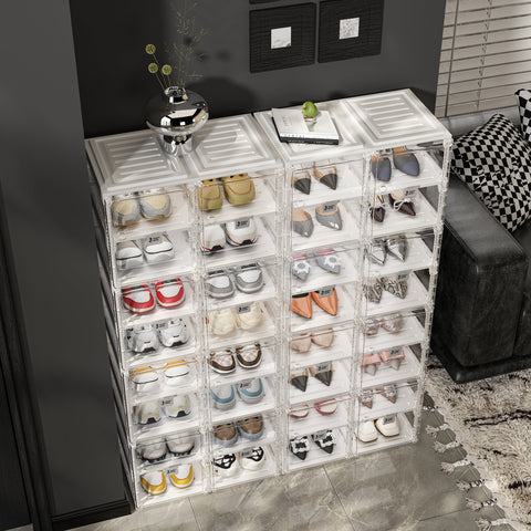 ANTBOX clear foldable stackable shoe boxes displayed in a modern living room, transparent dustproof storage showing sneakers and daily footwear neatly organized