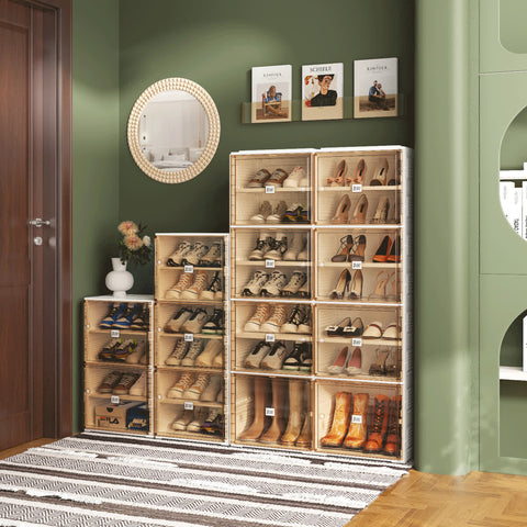 brown foldable shoe box used in multiple home scenes for organizing shoes in closet entryway and bedroom