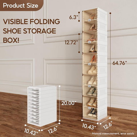 ANTBOX brown foldable stackable shoe organizer, detailed dimensions for 10-tier versions showing height, width, depth, and tier spacing