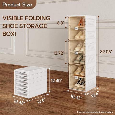ANTBOX brown foldable stackable shoe organizer, detailed dimensions for 6-tier versions showing height, width, depth, and tier spacing