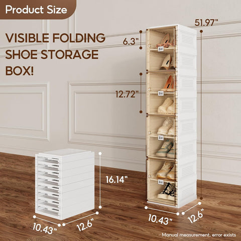 ANTBOX brown foldable stackable shoe organizer, detailed dimensions for 8-tier versions showing height, width, depth, and tier spacing