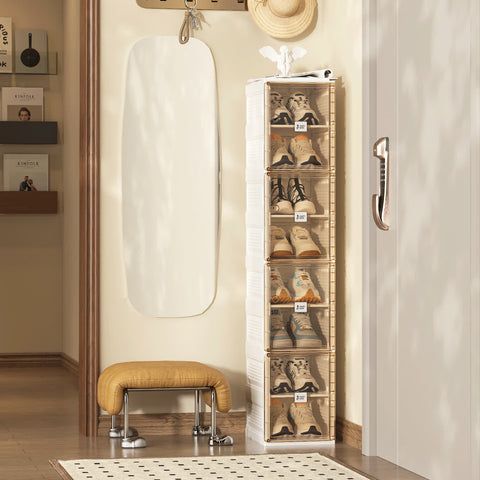 ANTBOX 8-tier foldable brown shoe organizer with magnetic doors, fully assembled in modern home setting
