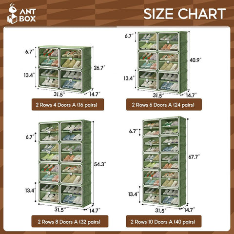 ANTBOX green and gray shoe cabinet 6, 8, and 10 tier size and dimension comparison