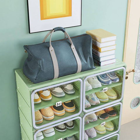 ANTBOX green and gray shoe cabinet with a sturdy top for additional storage