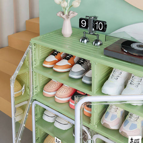 ANTBOX green and gray shoe cabinet with transparent doors for easy shoe viewing