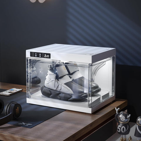 ANTBOX LED Smart Shoe Display Case 1-Pack in White, front view showing stackable dustproof design with clear panel