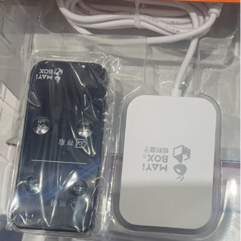 ANTBOX LED Smart Shoe Display Case 1-Pack White power adapter front view, showing included charging cable and plug for remote-controlled shoe display