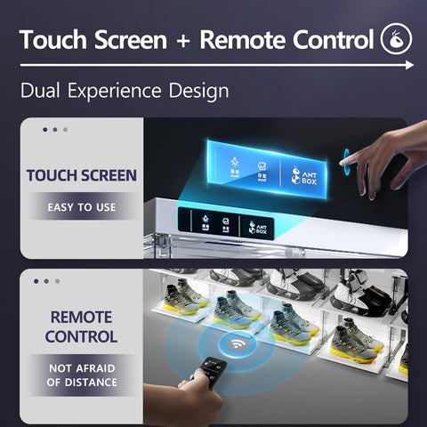 ANTBOX LED Smart Shoe Display Case 1-Pack White demonstrating smart remote control operation, automatic push/retract doors, and LED light activation for easy shoe access