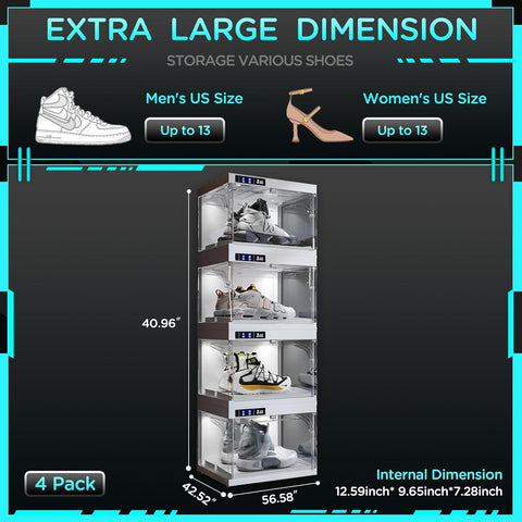 ANTBOX LED Smart Shoe Display Case 4-Pack White dimensions diagram showing length, width, and height of each box and stacked configuration