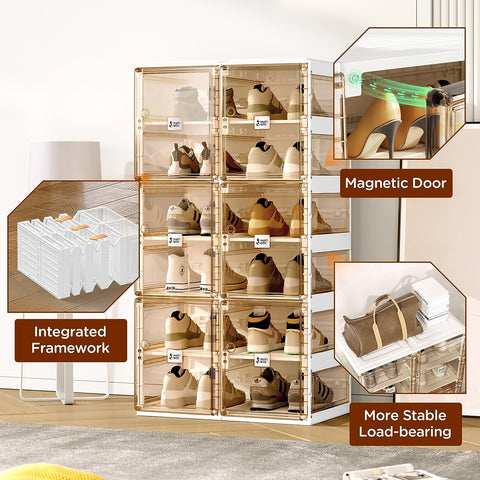 Infographic showing key features of ANTBOX modular foldable shoe boxes including foldable design, stackable tiers, dustproof magnetic doors, durable PP-PET material, and easy assembly