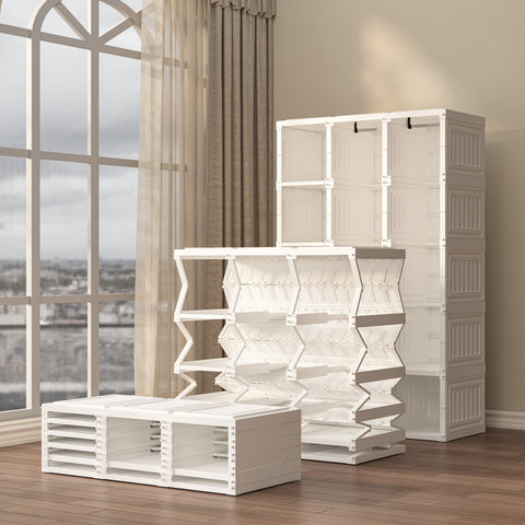 ANTBOX foldable modular wardrobe before and after setup showing compact storage and full wardrobe expansion