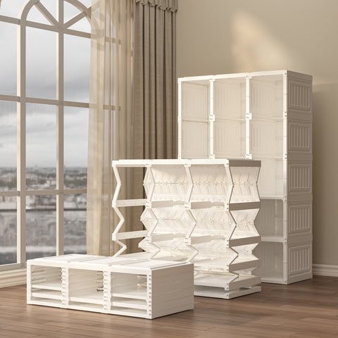 ANTBOX foldable modular wardrobe before and after setup showing compact storage and full wardrobe expansion