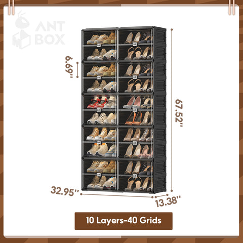 ANTBOX 10-tier foldable black shoe cabinet, detailed dimensions diagram showing height, width, depth, and tier spacing for planning storage space