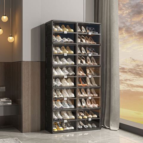 Right-side view of ANTBOX 10-tier black foldable shoe cabinet, highlighting tier design and transparent lids