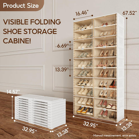 ANTBOX 10-tier foldable brown shoe cabinet, detailed dimensions diagram showing height, width, depth, and tier spacing for planning storage space