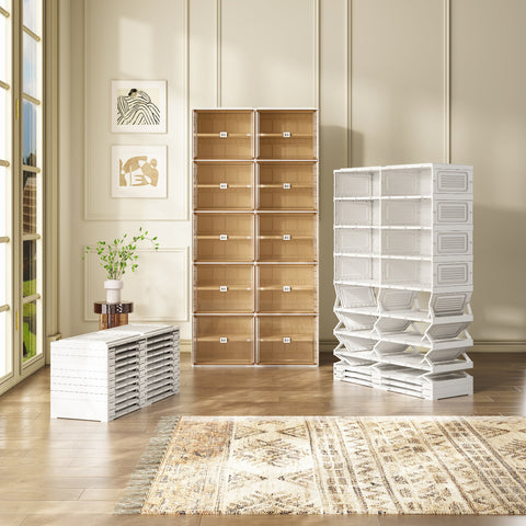 ANTBOX 10-tier brown shoe cabinet folded flat next to fully expanded, showing quick assembly and space-saving feature