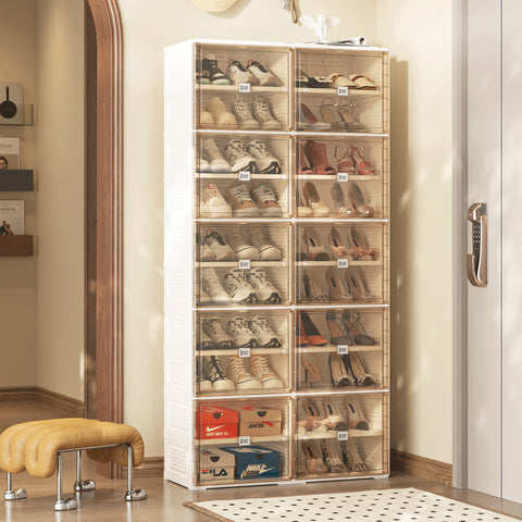 Right-side view of ANTBOX 10-tier brown foldable shoe cabinet, highlighting tier design and transparent lids