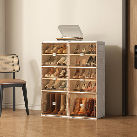 Left-side view of ANTBOX foldable shoe cabinet with lids, 5 tiers, brown, showcasing stackable design and build quality