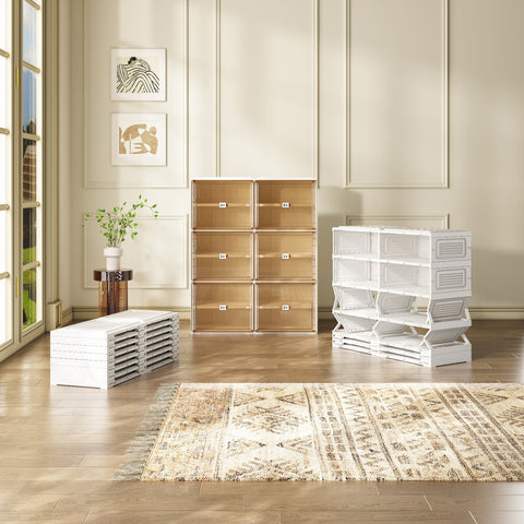 ANTBOX foldable shoe cabinet 6 tiers, brown, comparison of folded flat vs fully expanded storage, space-saving design