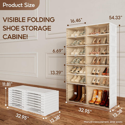 ANTBOX 7-tier foldable shoe cabinet, brown, detailed dimensions diagram showing height, width, depth, and tier spacing for accurate space planning