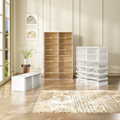 ANTBOX 8-tier foldable shoe cabinets, brown, side-by-side comparison of folded vs fully expanded states