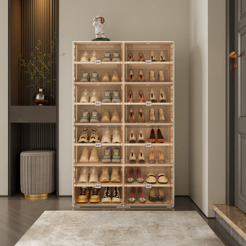 ANTBOX 8-tier foldable shoe cabinet with lids, brown, front view showing stacked tiers in a modern entryway for high-capacity shoe storage