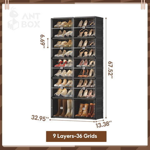 ANTBOX 9-tier foldable black shoe cabinet, detailed dimensions diagram showing height, width, depth, and tier spacing for planning storage space