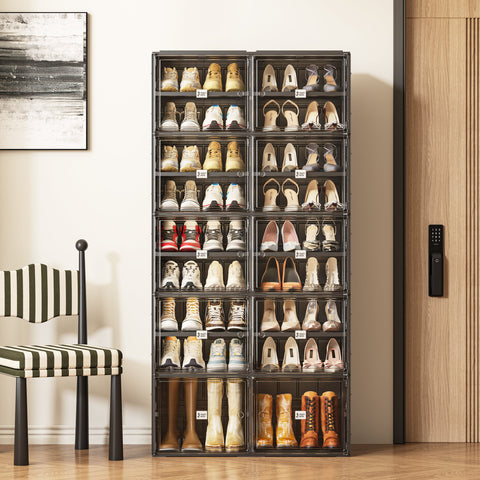 ANTBOX 9-tier foldable shoe cabinet in black, shown fully assembled in modern entryway, displaying shoes neatly organized