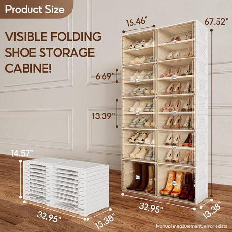 ANTBOX 9-tier foldable brown shoe cabinet, detailed dimensions diagram showing height, width, depth, and tier spacing for planning storage space