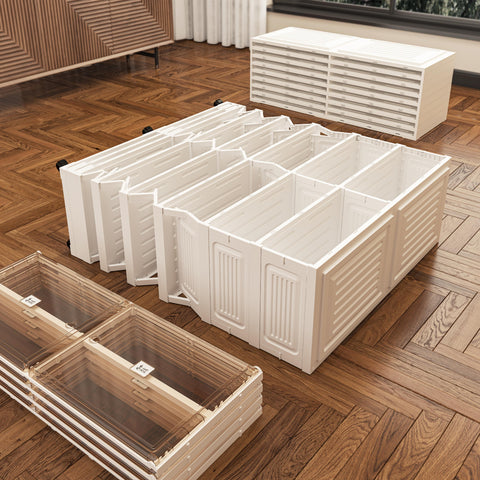 ANTBOX foldable shoe cabinet with lids, brown, labeled parts diagram showing tiers, lids, foldable frame, and stackable connectors for assembly and modular storage
