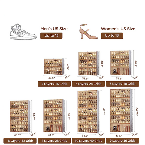 ANTBOX foldable shoe cabinet full series size comparison chart showing 4, 5, 6, 7, 8, 9, 10-tier options and their capacity for sneakers, flats, heels, and boots